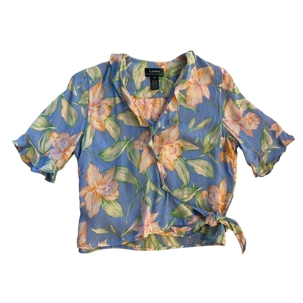 Lauren Ralph Lauren Blue Floral Ruffled Silk Cropped Wrap Blouse Women's Medium